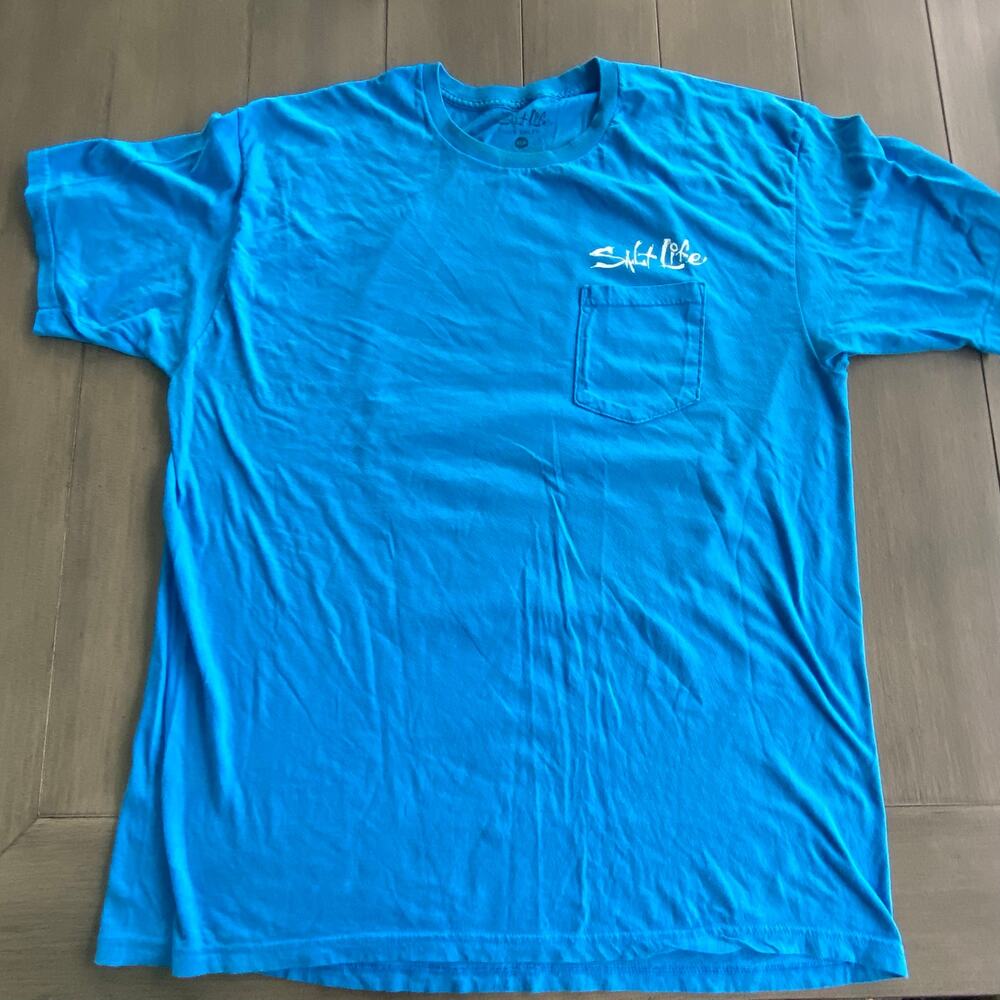 Salt Life Pocket T‑Shirt • XL • Blue Cotton • Chest Logo & Large Back Graphic